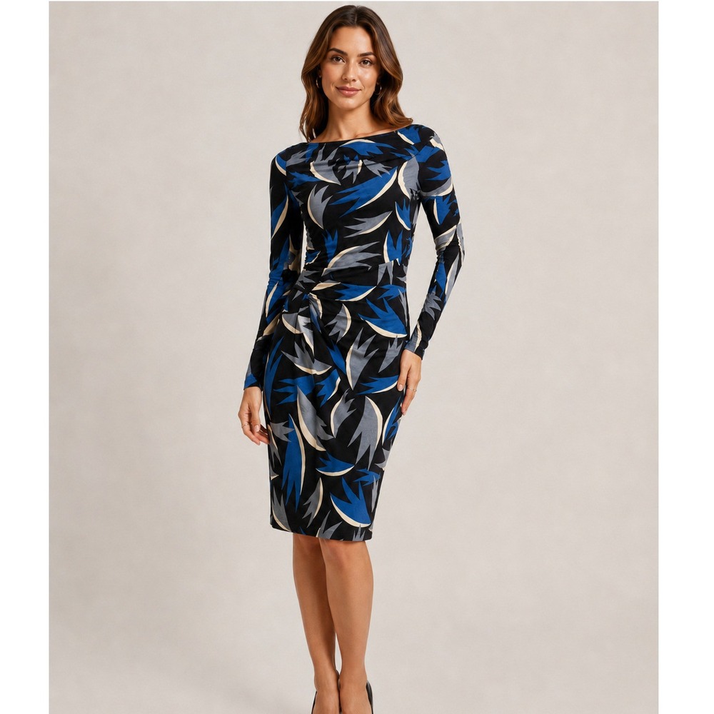 Diane von Furstenberg DVF Blue Black Abstract Silk Jersey Sheath Dress 10